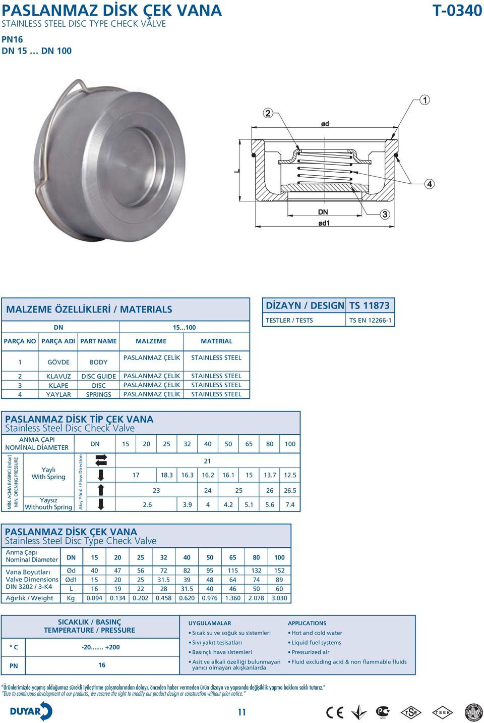 NOMİNA DİAMETER DN 0 0 00 MİN. AÇMA BASINCI (mbar) MIN. OPENING PRESSURE Yaylı With Spring Yaysız Withouth Spring Akış Yönü / Flow Direction.........9.