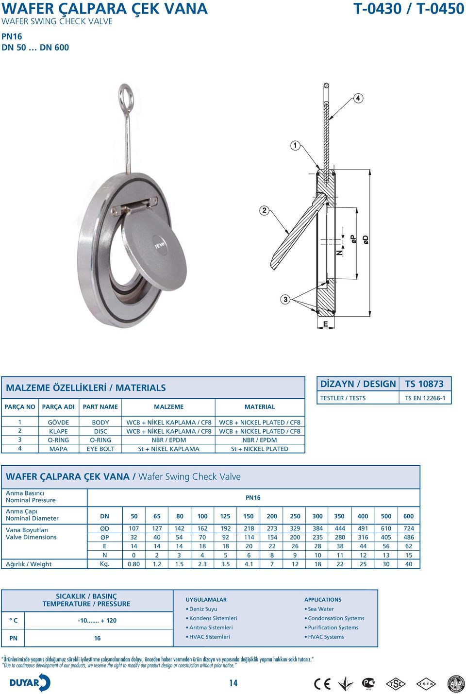 CF NBR / EPDM St + NICKE PATED WAFER ÇAPARA ÇEK VANA / Wafer Swing Check Valve DN 0 00 0 00 00 0 00 Ağırlık / Weight ØD ØP E N Kg. 0 0 0.0 0.. 0. 9.