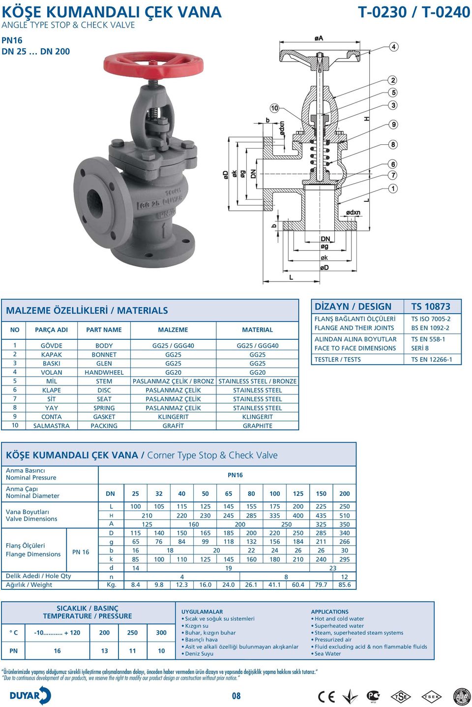 - FACE TO FACE DIMENSIONS SERİ TESTER / TESTS TS EN - KÖŞE KUMANDAI ÇEK VANA / Corner Type Stop & Check Valve Flanş Ölçüleri Flange Dimensions Delik Adedi / Hole Qty Ağırlık / Weight DN 0 0 00 00 0 0