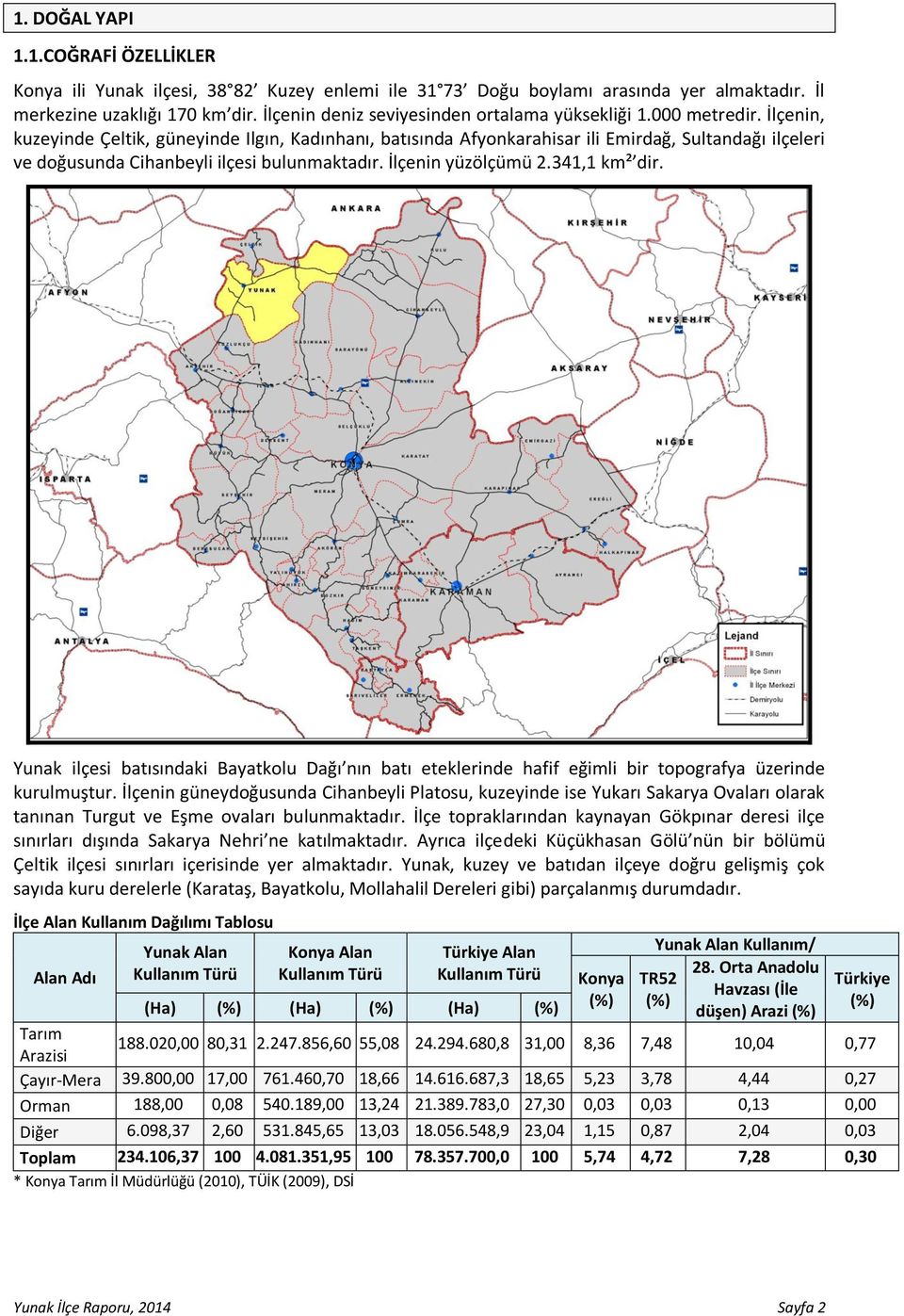 İlçenin, kuzeyinde Çeltik, güneyinde Ilgın, Kadınhanı, batısında Afyonkarahisar ili Emirdağ, Sultandağı ilçeleri ve doğusunda Cihanbeyli ilçesi bulunmaktadır. İlçenin yüzölçümü 2.341,1 km² dir.