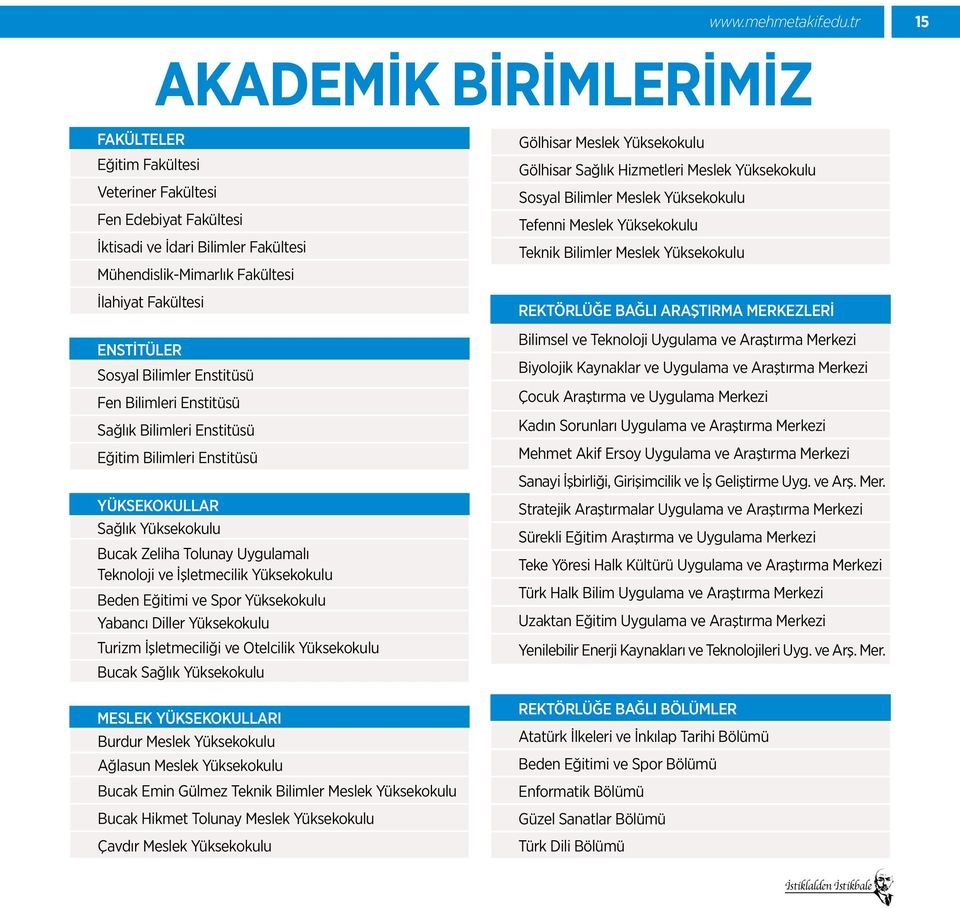 Sosyal Bilimler Enstitüsü Fen Bilimleri Enstitüsü Sağlık Bilimleri Enstitüsü Eğitim Bilimleri Enstitüsü YÜKSEKOKULLAR Sağlık Yüksekokulu Bucak Zeliha Tolunay Uygulamalı Teknoloji ve İşletmecilik