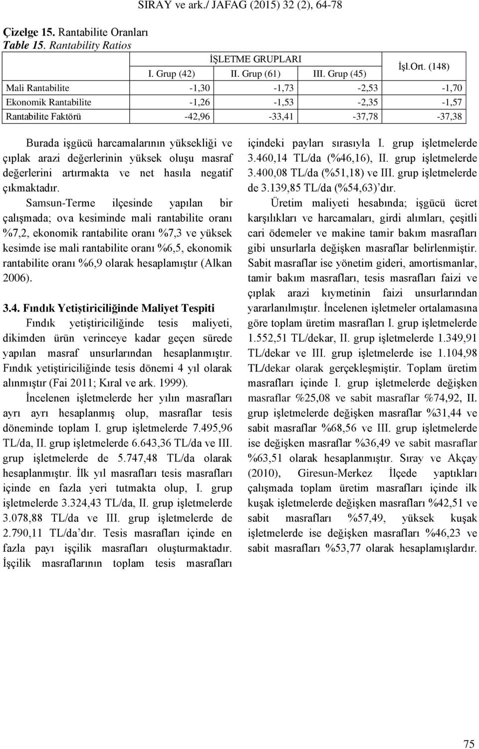 çıplak arazi değerlerinin yüksek oluşu masraf değerlerini artırmakta ve net hasıla negatif çıkmaktadır.