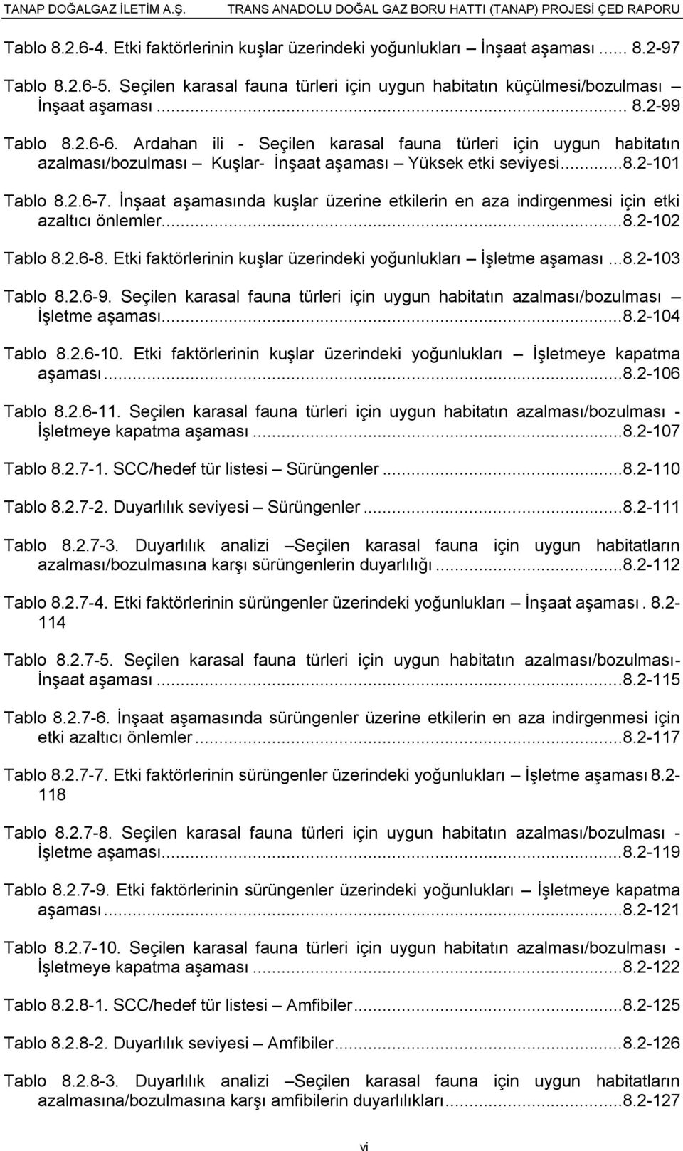 İnşaat aşamasında kuşlar üzerine etkilerin en aza indirgenmesi için etki azaltıcı önlemler...8.2-102 Tablo 8.2.6-8. Etki faktörlerinin kuşlar üzerindeki yoğunlukları İşletme aşaması...8.2-103 Tablo 8.