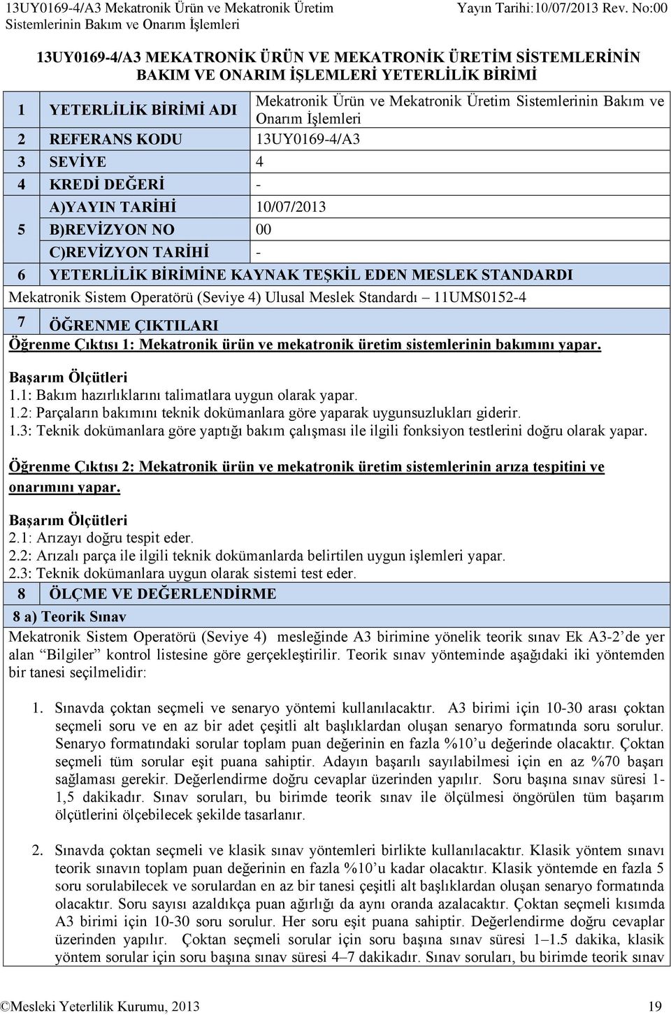 NO 00 C)REVİZYON TARİHİ - 6 YETERLİLİK BİRİMİNE KAYNAK TEŞKİL EDEN MESLEK STANDARDI Mekatronik Sistem Operatörü (Seviye 4) Ulusal Meslek Standardı 11UMS0152-4 7 ÖĞRENME ÇIKTILARI Öğrenme Çıktısı 1: