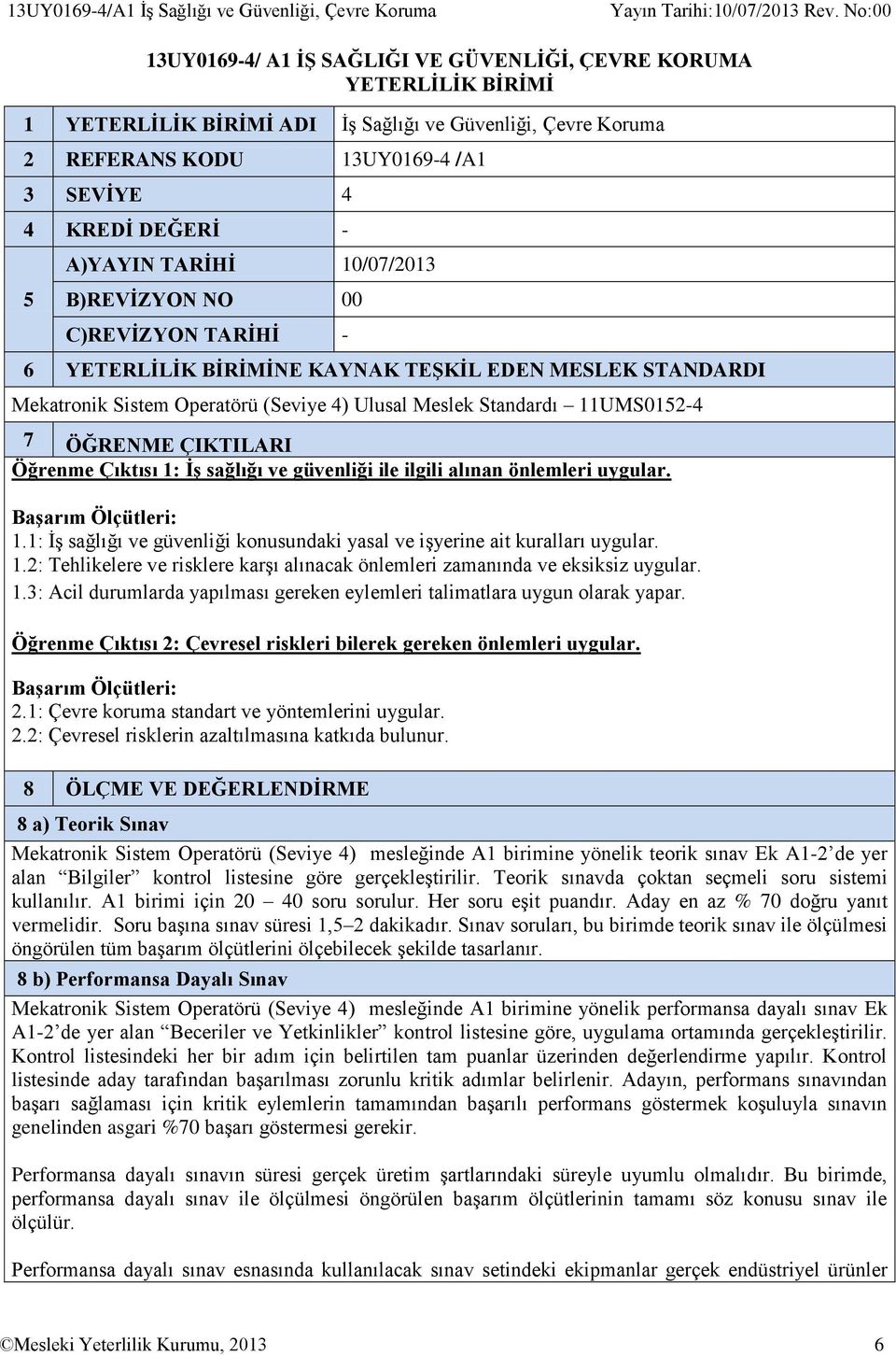 (Seviye 4) Ulusal Meslek Standardı 11UMS0152-4 7 ÖĞRENME ÇIKTILARI Öğrenme Çıktısı 1: İş sağlığı ve güvenliği ile ilgili alınan önlemleri uygular. Başarım Ölçütleri: 1.