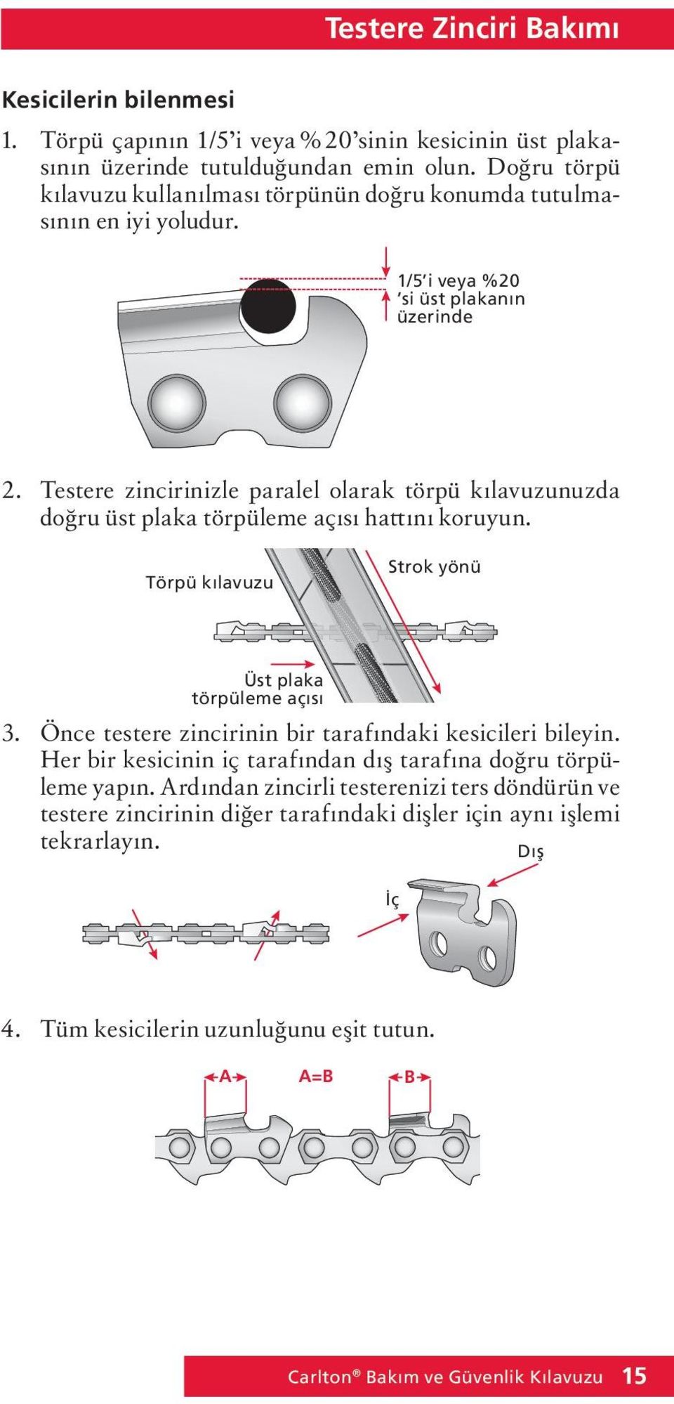 Testere zincirinizle paralel olarak törpü kılavuzunuzda doğru üst plaka törpüleme açısı hattını koruyun. Törpü kılavuzu Strok yönü Üst plaka törpüleme açısı 3.