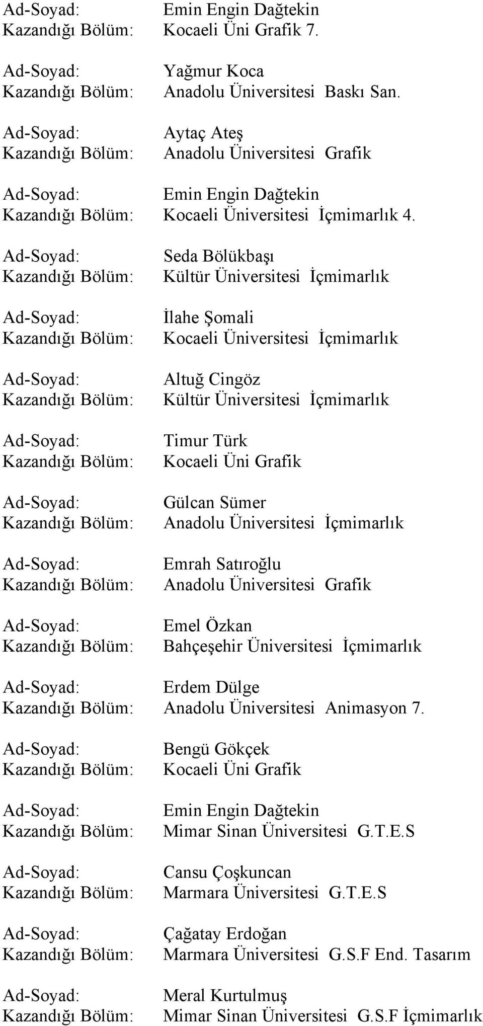 Emel Özkan Bahçeşehir Üniversitesi İçmimarlık Erdem Dülge Anadolu Üniversitesi Animasyon 7.