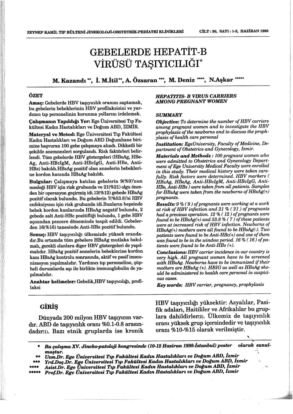 Çabıpnanın Yapıldığı Yer: Ege Üniversitesi Tıp Fakültesi Kadın Hastalıkları ve DoAum ABD, İZMİR.