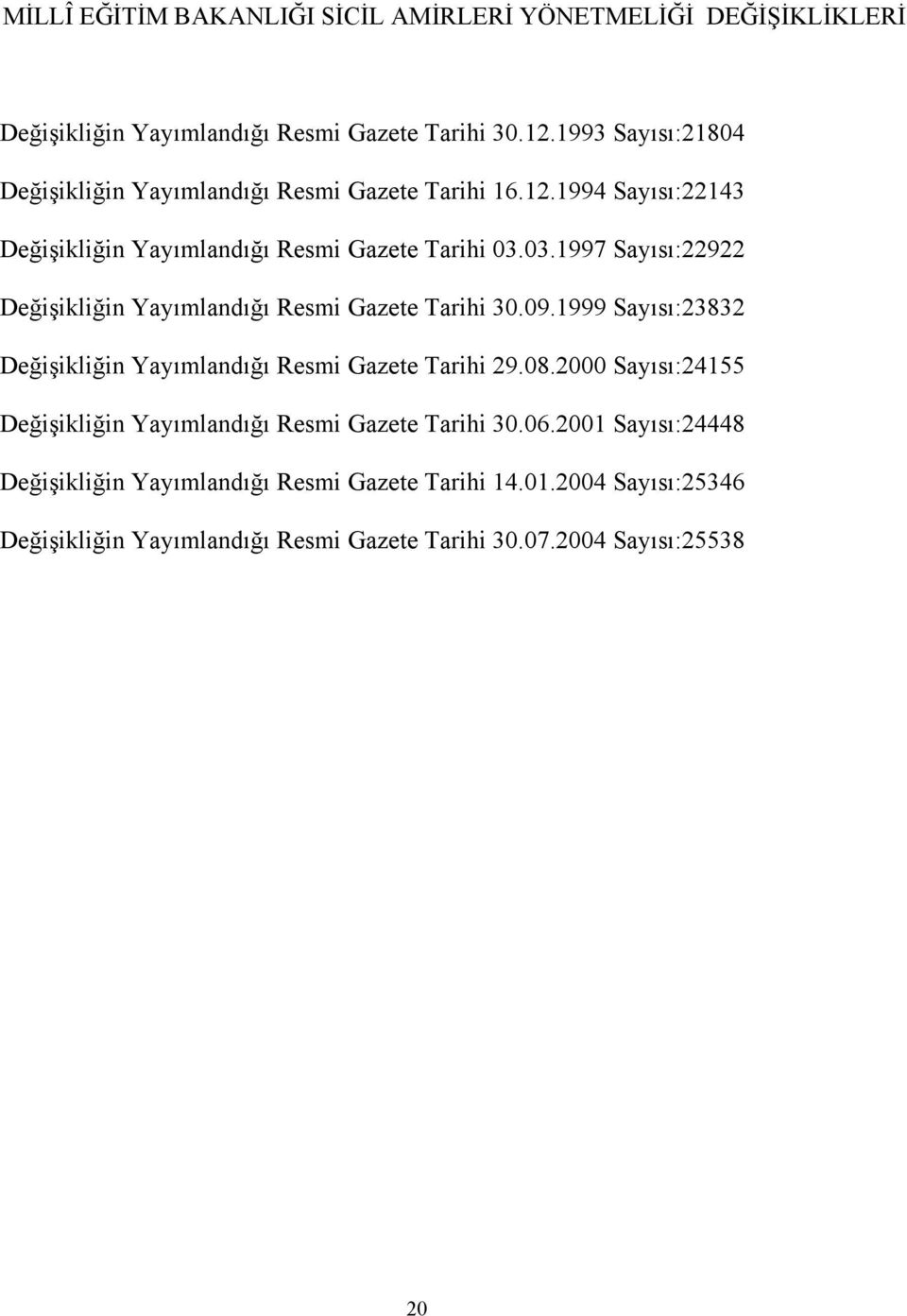 03.1997 Sayısı:22922 Değişikliğin Yayımlandığı Resmi Gazete Tarihi 30.09.1999 Sayısı:23832 Değişikliğin Yayımlandığı Resmi Gazete Tarihi 29.08.