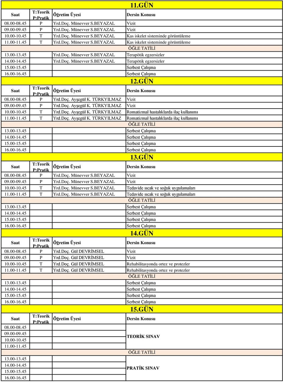 00-10.45 Yrd.Doç. Ayşegül K. ÜRKYILMAZ Romatizmal hastalıklarda ilaç kullanımı 11.00-11.45 Yrd.Doç. Ayşegül K. ÜRKYILMAZ Romatizmal hastalıklarda ilaç kullanımı 13.00-13.45 Serbest Çalışma 14.00-14.