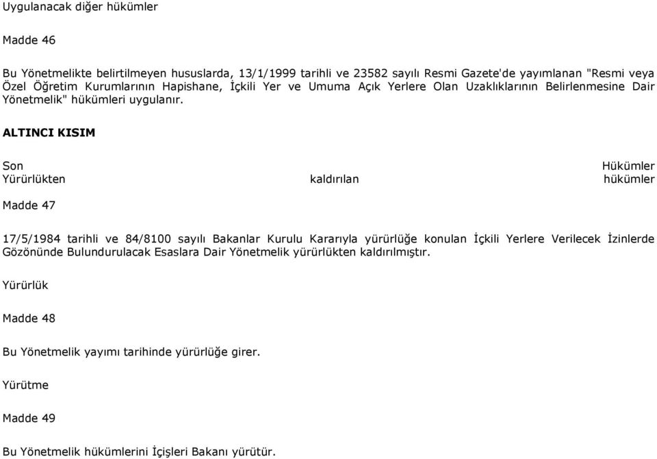 ALTINCI KISIM Son Hükümler Yürürlükten kaldırılan hükümler Madde 47 17/5/1984 tarihli ve 84/8100 sayılı Bakanlar Kurulu Kararıyla yürürlüğe konulan İçkili Yerlere