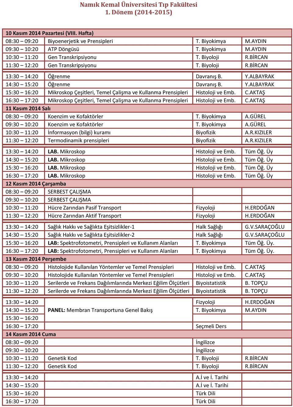 C.AKTAŞ Mikroskop Çeşitleri, Temel Çalişma ve Kullanma Prensipleri Histoloji ve Emb. C.AKTAŞ 11 Kasım 2014 Salı Koenzim ve Kofaktörler T. Biyokimya A.GÜREL 09:30 10:20 Koenzim ve Kofaktörler T.