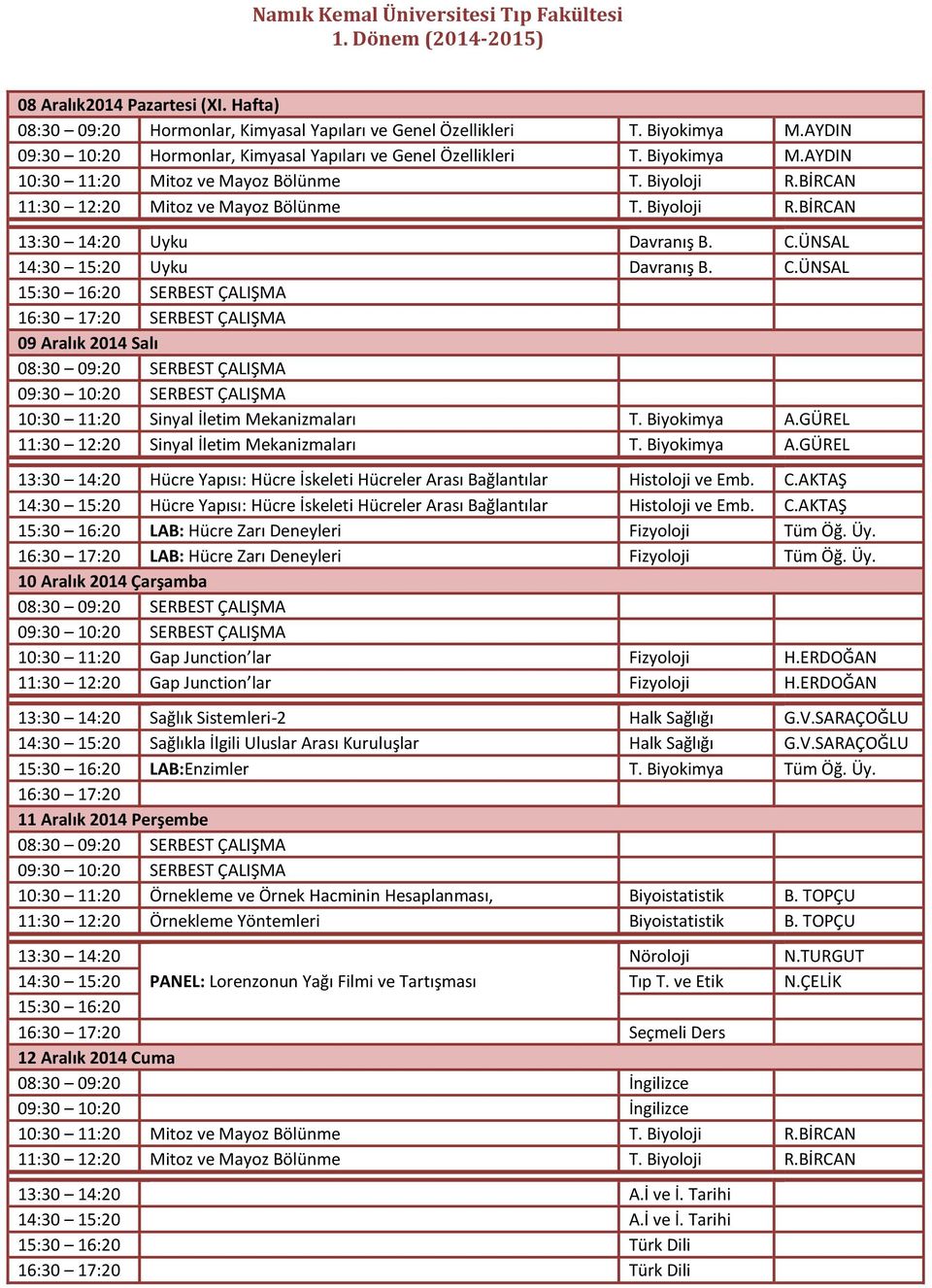 Biyokimya A.GÜREL 11:30 12:20 Sinyal İletim Mekanizmaları T. Biyokimya A.GÜREL Hücre Yapısı: Hücre İskeleti Hücreler Arası Bağlantılar Histoloji ve Emb. C.