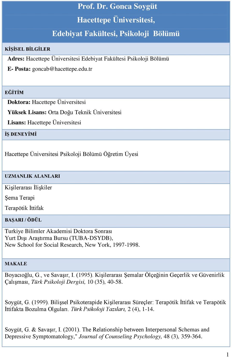 ALANLARI Kişilerarası İlişkiler Şema Terapi Terapötik İttifak BAŞARI / ÖDÜL Turkiye Bilimler Akademisi Doktora Sonrası Yurt Dışı Araştırma Bursu (TUBA-DSYDB), New School for Social Research, New