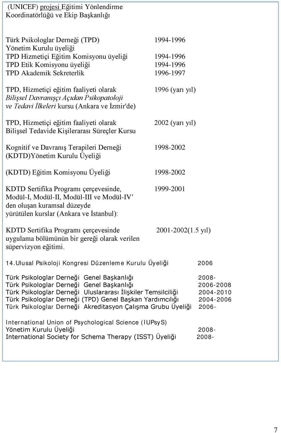 Hizmetiçi eğitim faaliyeti olarak Bilişsel Tedavide Kişilerarası Süreçler Kursu 1996 (yarı yıl) 2002 (yarı yıl) Kognitif ve Davranış Terapileri Derneği 1998-2002 (KDTD)Yönetim Kurulu Üyeliği (KDTD)