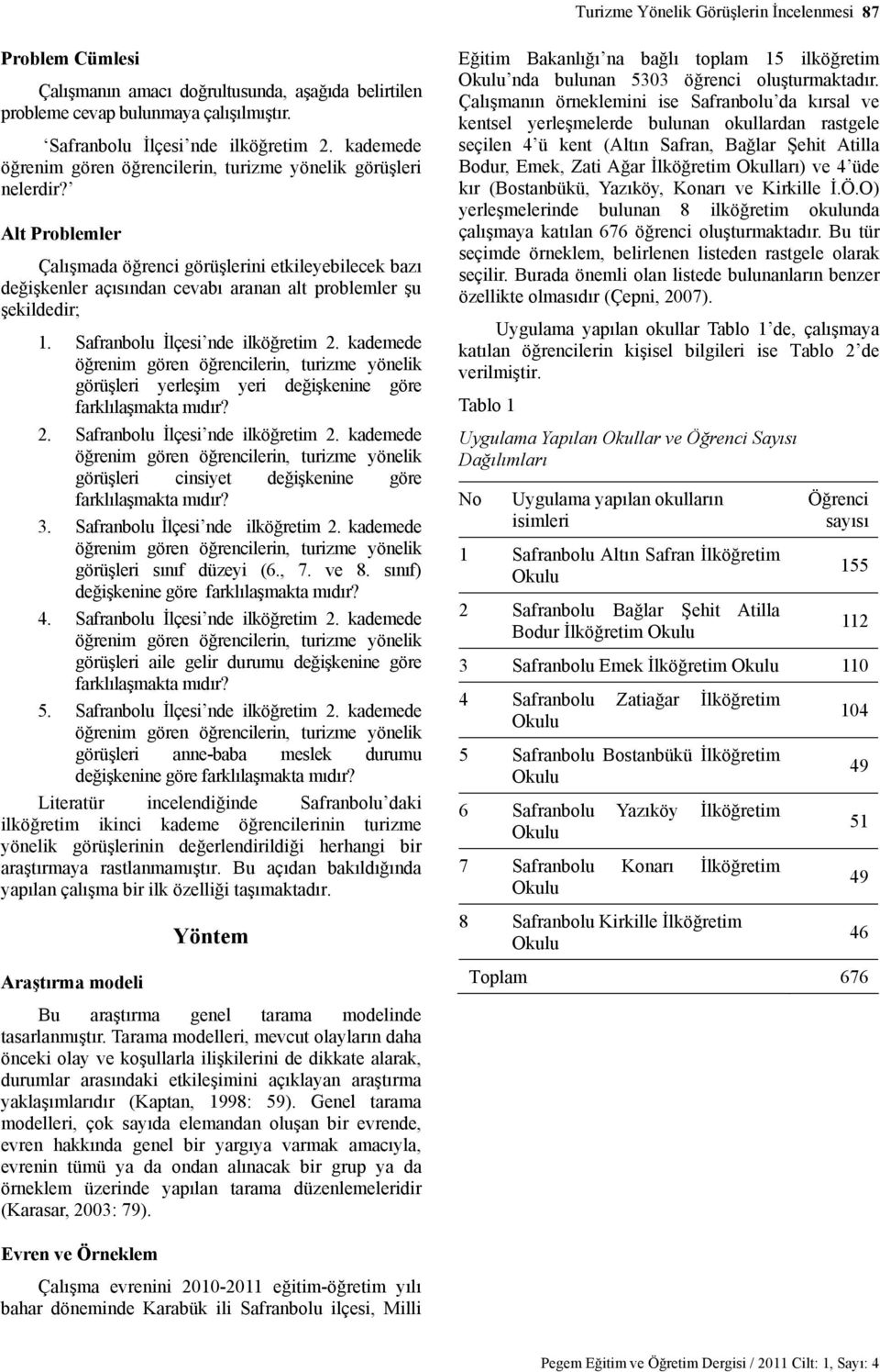 kademede görüşleri yerleşim yeri değişkenine göre farklılaşmakta mıdır? 2. Safranbolu İlçesi nde ilköğretim 2. kademede görüşleri cinsiyet değişkenine göre farklılaşmakta mıdır? 3.