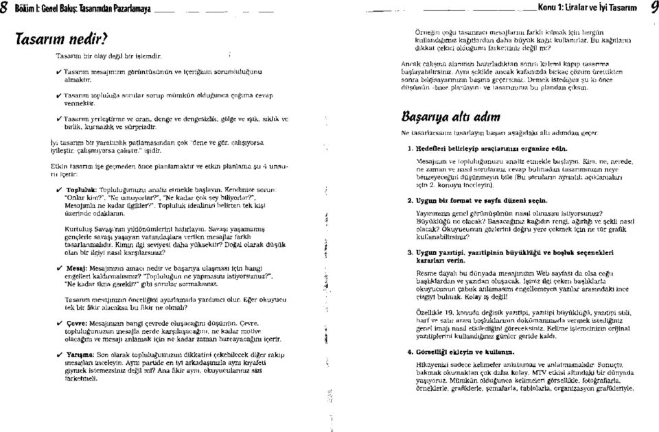 al Tasanın yerleştirme ve oran, denge ve dengesizlik, gölge ve ışık, sıklık ve birlik, kurnazlık ve sürprizdır, İyi tasanın bır yaratıcılık patlamasından çok "dene ve gör. 1;a1ışıyorsa iyileştir.