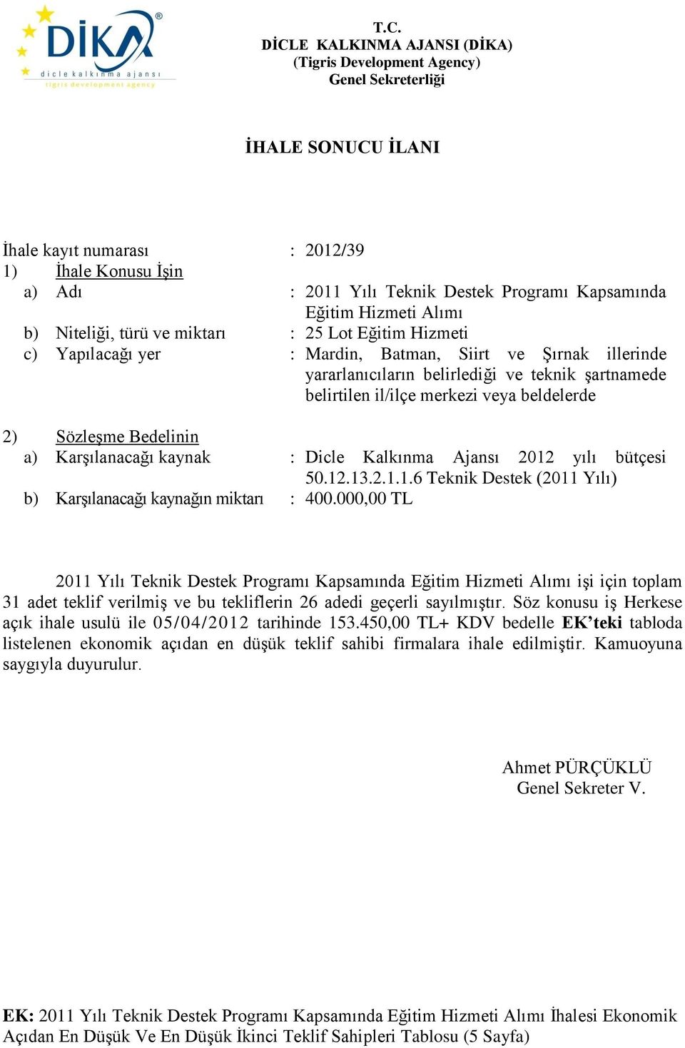 Dicle Kalkınma Ajansı 2012 yılı bütçesi 50.12.13.2.1.1.6 Teknik Destek (2011 Yılı) b) Karşılanacağı kaynağın miktarı : 400.