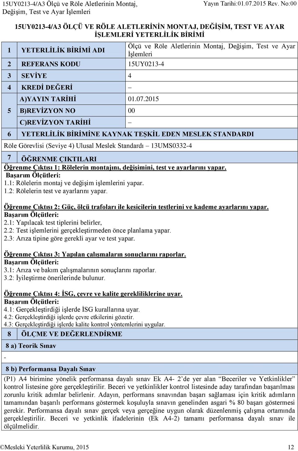 2015 5 B)REVİZYON NO 00 C)REVİZYON TARİHİ 6 YETERLİLİK BİRİMİNE KAYNAK TEŞKİL EDEN MESLEK STANDARDI Röle Görevlisi (Seviye 4) Ulusal Meslek Standardı 13UMS0332-4 7 ÖĞRENME ÇIKTILARI Öğrenme Çıktısı