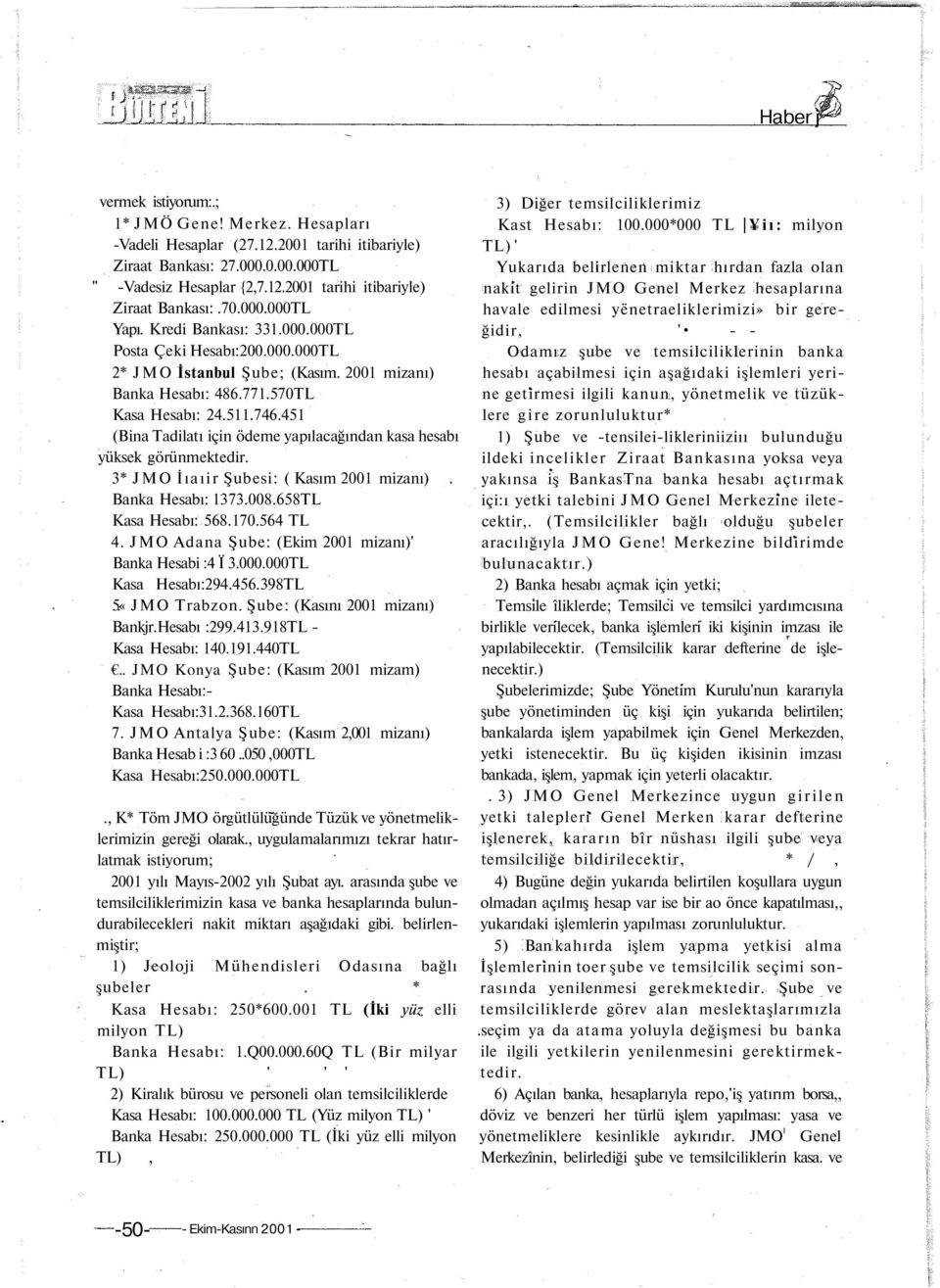 * JMO İıaıir Şubesi: ( Kasım mizanı). Banka Hesabı:..TL Kasa Hesabı:.. TL. JMO Adana Şube: (Ekim mizanı)' Banka Hesabi : Ï..TL Kasa Hesabı:..TL.«JMO Trabzon. Şube: (Kasını mizanı) Bankjr.Hesabı :.