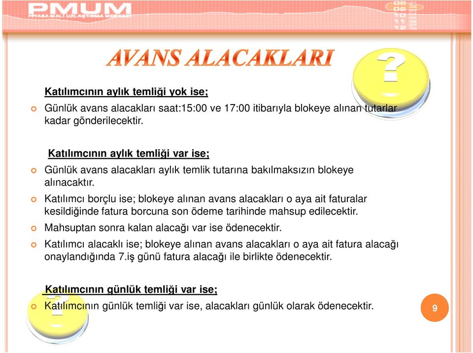 Katılımcı borçlu ise; blokeye alınan avans alacakları o aya ait faturalar kesildiğinde fatura borcuna son ödeme tarihinde mahsup edilecektir.