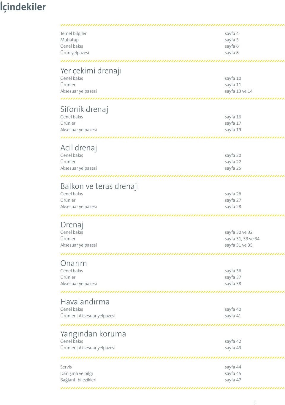 sayfa 27 Aksesuar yelpazesi sayfa 28 Drenaj Genel bakış sayfa 30 ve 32 Ürünler sayfa 31, 33 ve 34 Aksesuar yelpazesi sayfa 31 ve 35 Onarım Genel bakış sayfa 36 Ürünler sayfa 37 Aksesuar yelpazesi