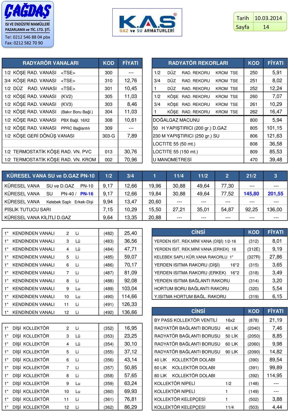 REKORU KROM TSE 6 0,9 / KÖŞE RAD. VANASI (Bakır Boru Bağl.) 304,03 KÖŞE RAD. REKORU KROM TSE 6 6,47 / KÖŞE RAD. VANASI PBX Bağl. 6X 308 0,6 DOĞALGAZ MACUNU 800 5,94 / KÖŞE RAD.