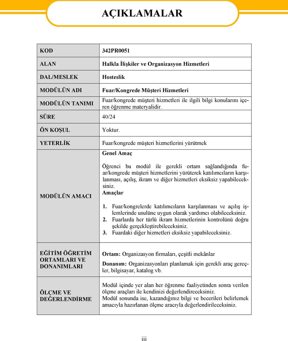 Fuar/kongrede müşteri hizmetlerini yürütmek Genel Amaç Öğrenci bu modül ile gerekli ortam sağlandığında fuar/kongrede müşteri hizmetlerini yürüterek katılımcıların karşılanması, açılış, ikram ve