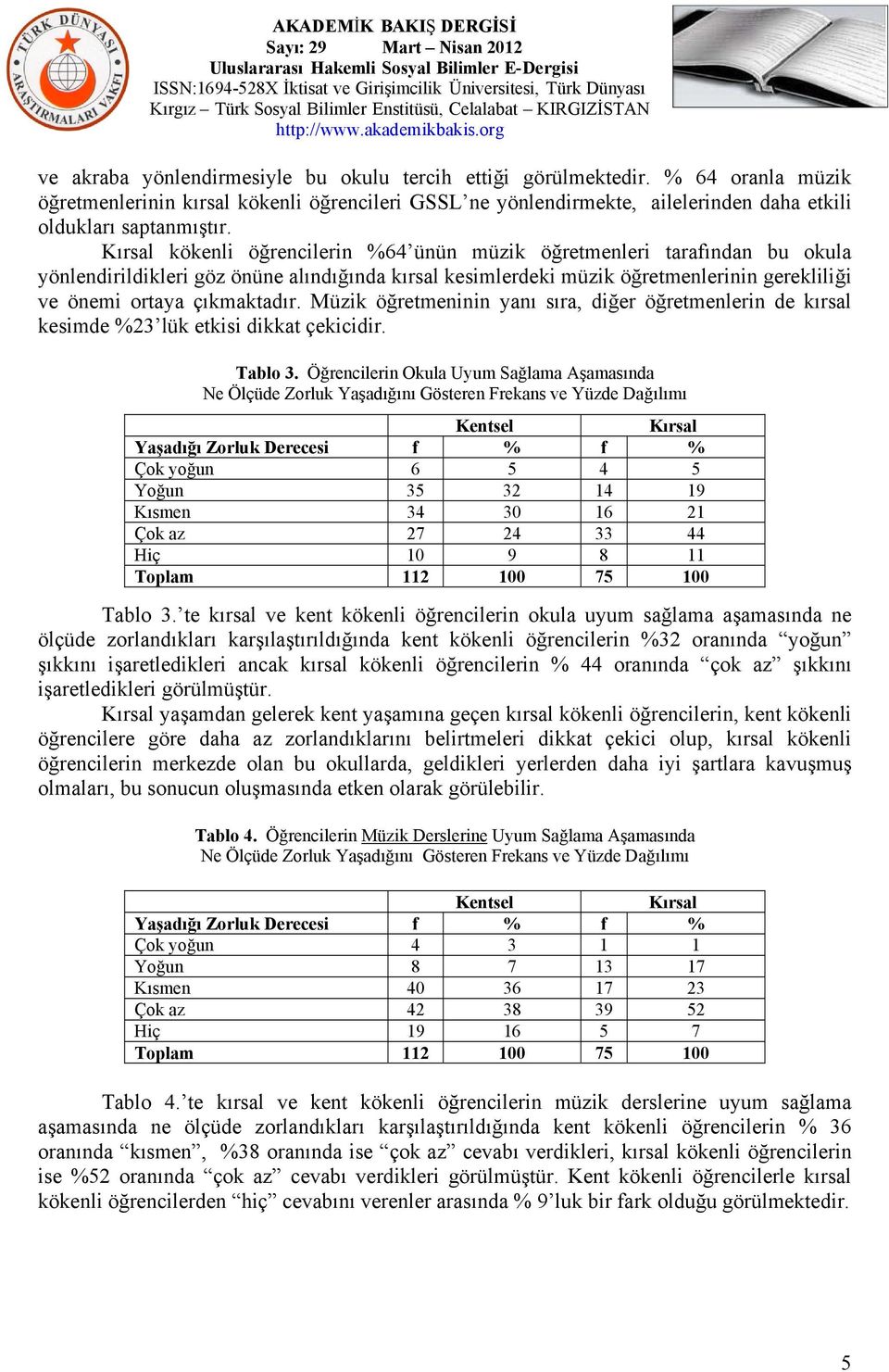 Müzik öğretmeninin yanı sıra, diğer öğretmenlerin de kırsal kesimde %23 lük etkisi dikkat çekicidir. Tablo 3.