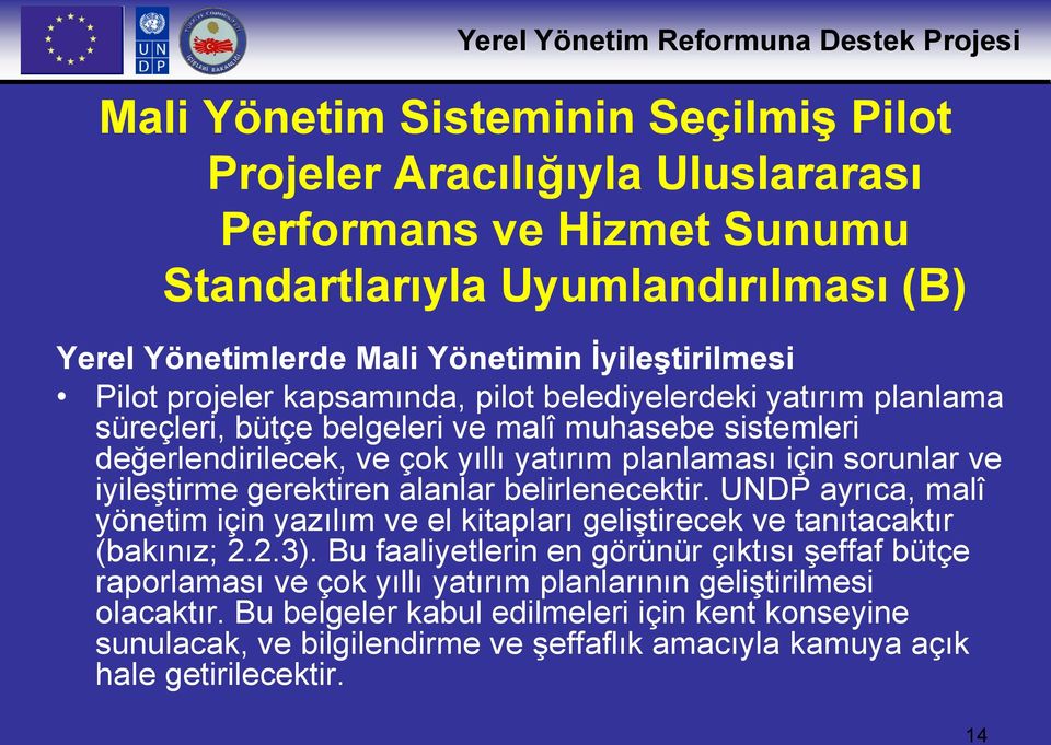 gerektiren alanlar belirlenecektir. UNDP ayrıca, malî yönetim için yazılım ve el kitapları geliştirecek ve tanıtacaktır (bakınız; 2.2.3).