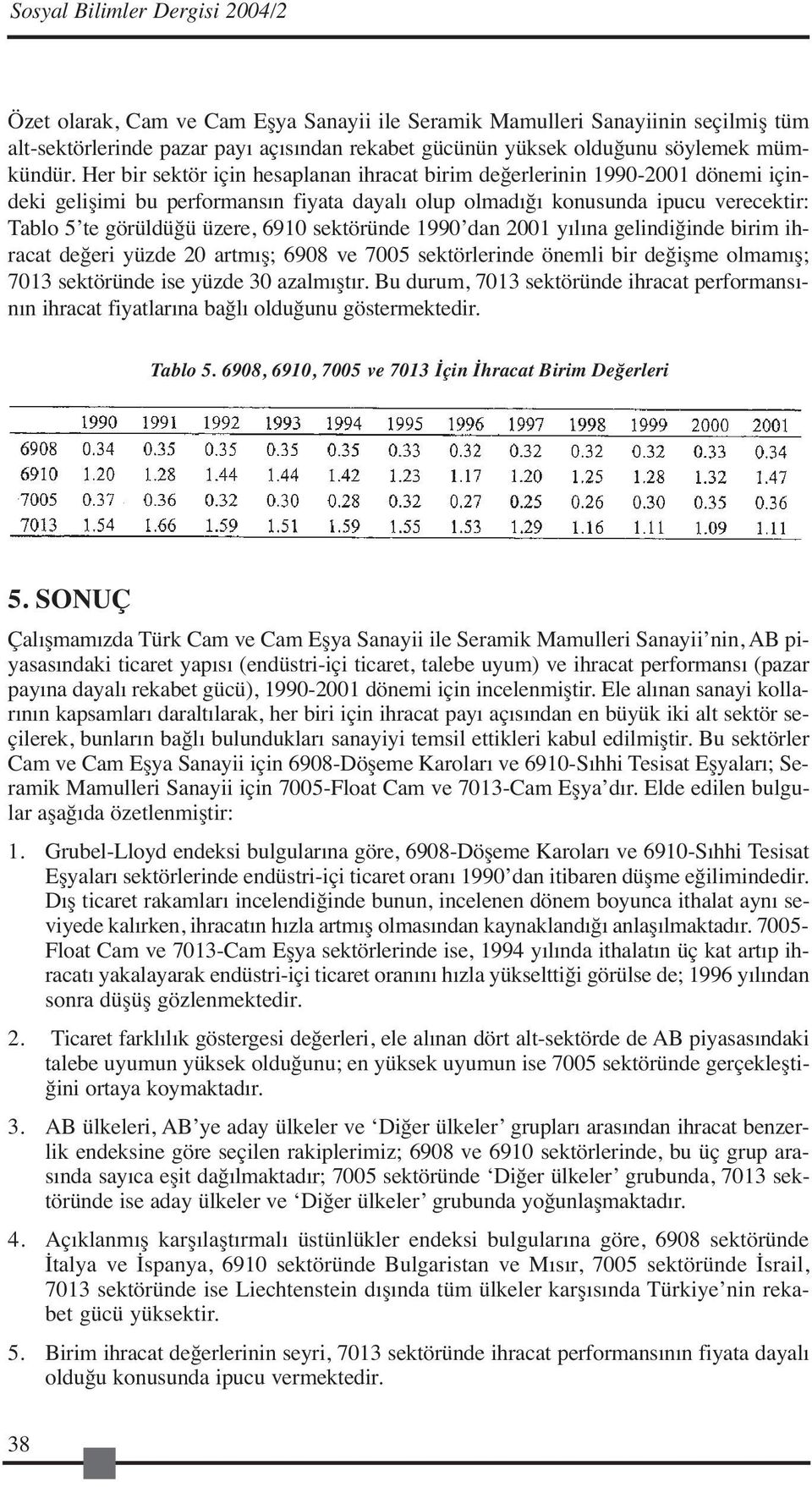 Her bir sektör için hesaplanan ihracat birim değerlerinin 1990-2001 dönemi içindeki gelişimi bu performansın fiyata dayalı olup olmadığı konusunda ipucu verecektir: Tablo 5 te görüldüğü üzere, 6910