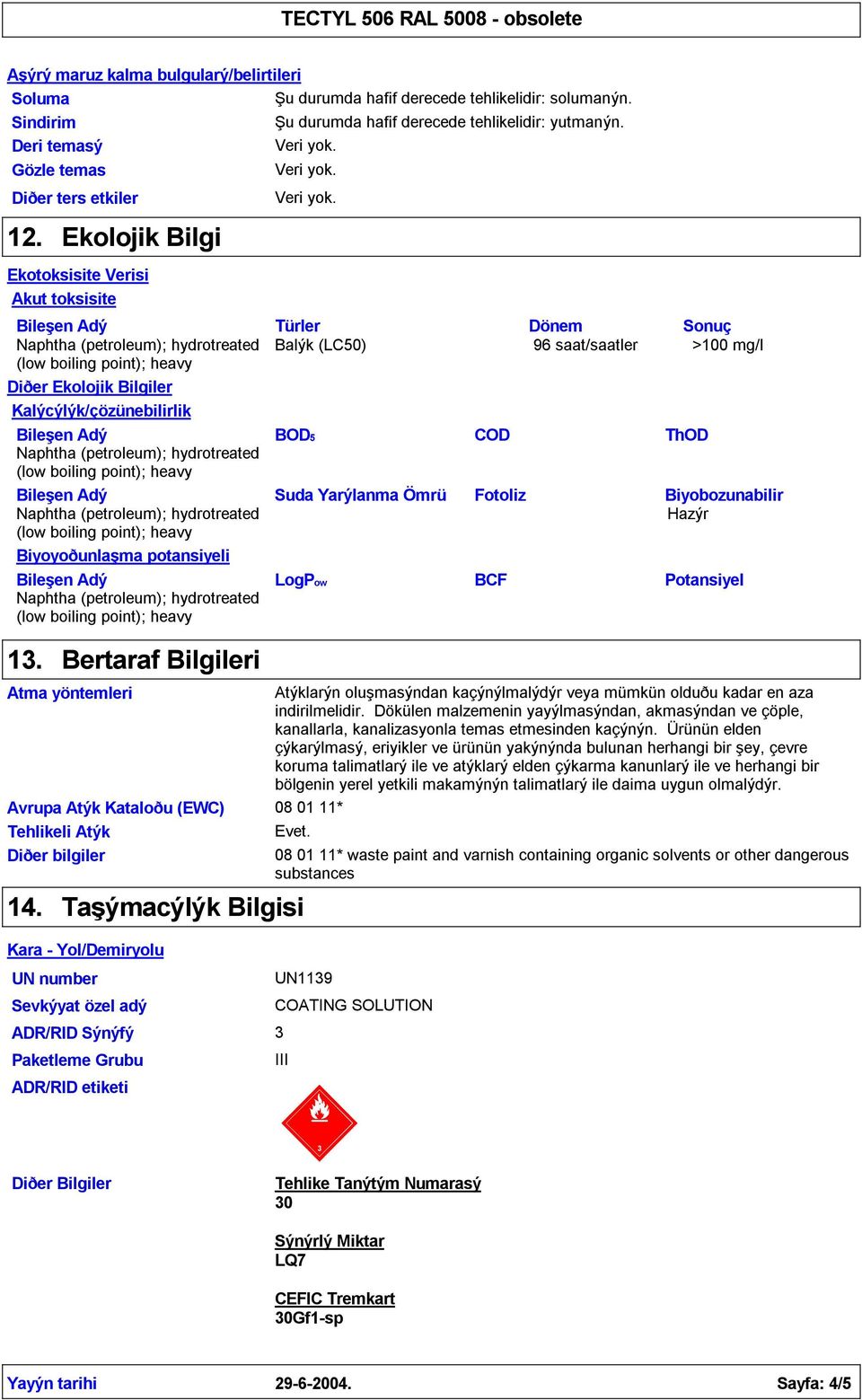 Biyobozunabilir Hazýr Biyoyoðunlaşma potansiyeli LogPow BCF Potansiyel 1.