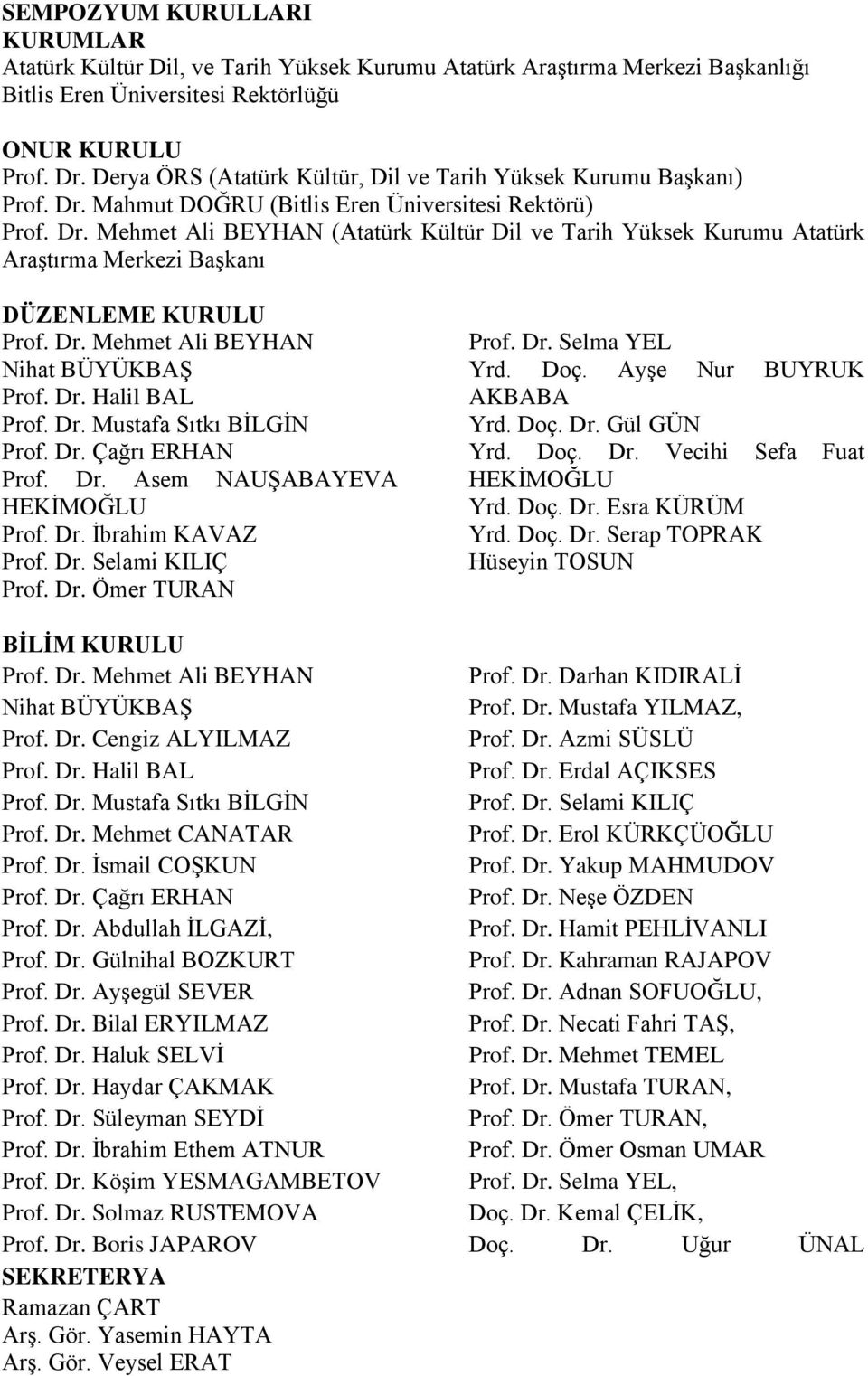 Dr. Mehmet Ali BEYHAN Nihat BÜYÜKBAġ Prof. Dr. Halil BAL Prof. Dr. Mustafa Sıtkı BĠLGĠN Prof. Dr. Çağrı ERHAN Prof. Dr. Asem NAUġABAYEVA HEKĠMOĞLU Prof. Dr. Ġbrahim KAVAZ Prof. Dr. Selami KILIÇ Prof.