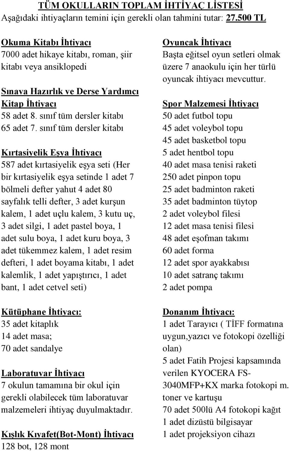 sınıf tüm dersler kitabı Kırtasiyelik Eşya İhtiyacı 587 adet kırtasiyelik eşya seti (Her bir kırtasiyelik eşya setinde 1 adet 7 bölmeli defter yahut 4 adet 80 sayfalık telli defter, 3 adet kurşun