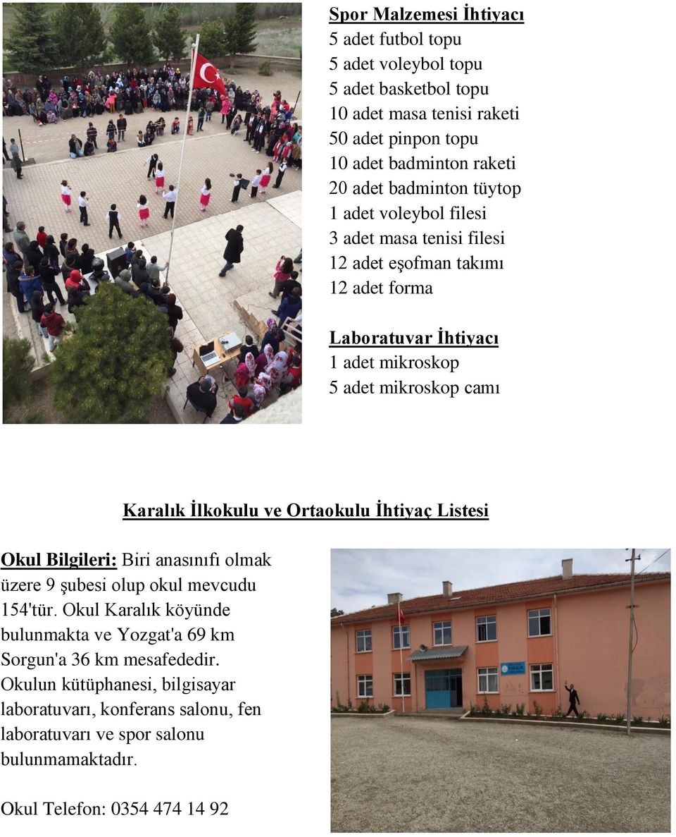 Karalık İlkokulu ve Ortaokulu İhtiyaç Listesi Okul Bilgileri: Biri anasınıfı olmak üzere 9 şubesi olup okul mevcudu 154'tür.