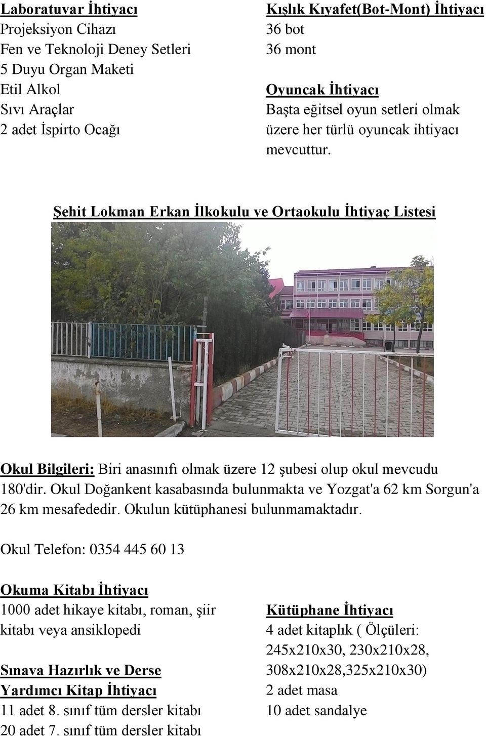 Şehit Lokman Erkan İlkokulu ve Ortaokulu İhtiyaç Listesi Okul Bilgileri: Biri anasınıfı olmak üzere 12 şubesi olup okul mevcudu 180'dir.