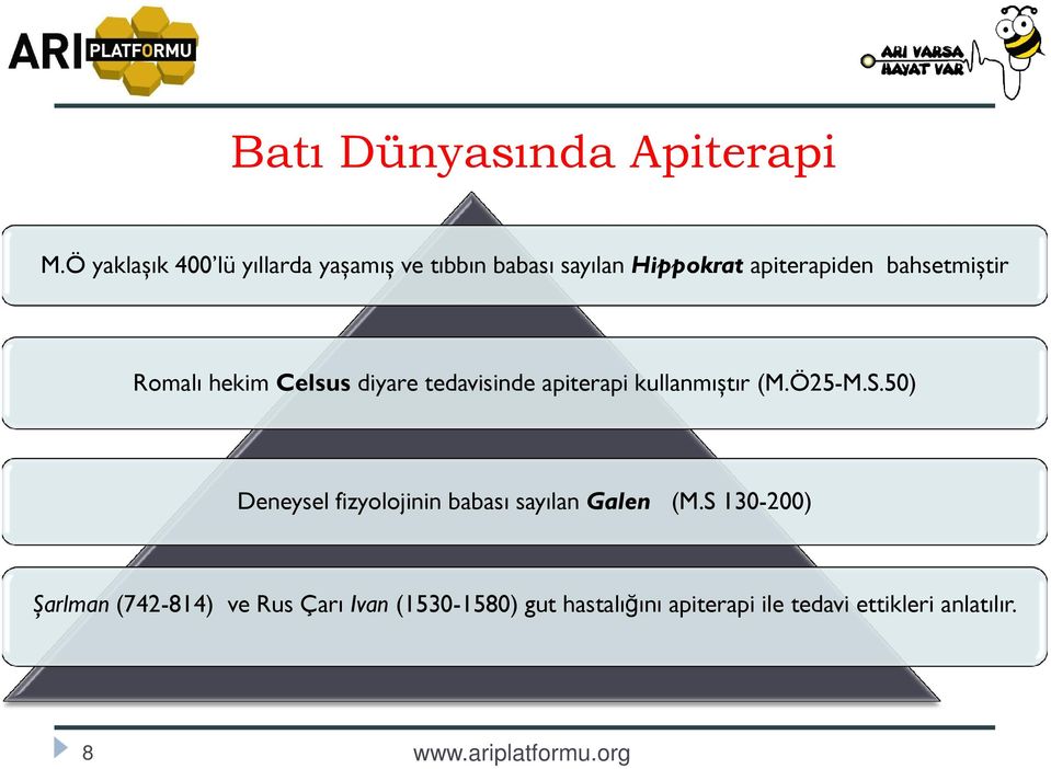 bahsetmiștir Romalı hekim Celsus diyare tedavisinde apiterapi kullanmıștır (M.Ö25-M.S.