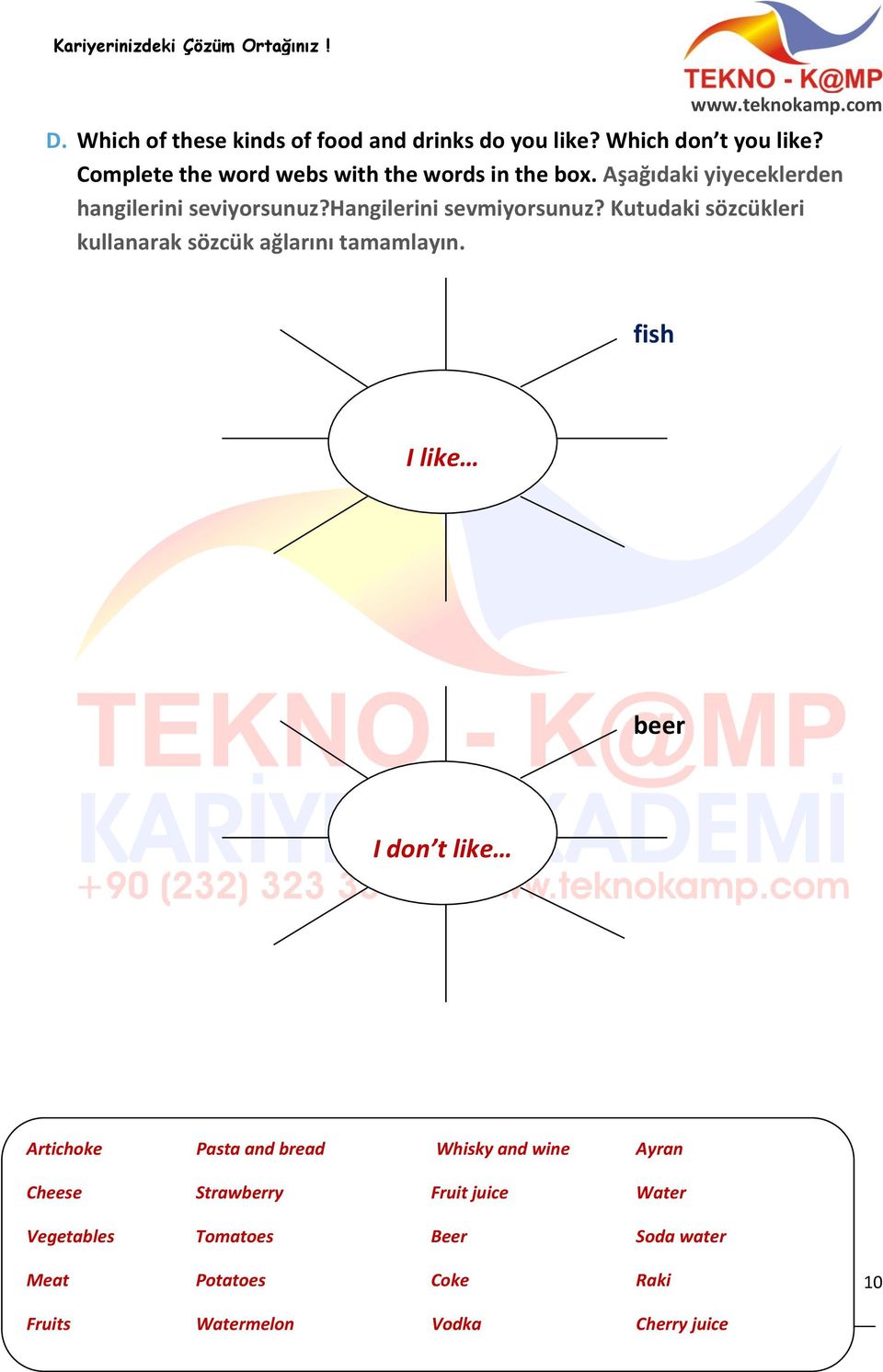 hangilerini sevmiyorsunuz? Kutudaki sözcükleri kullanarak sözcük ağlarını tamamlayın.