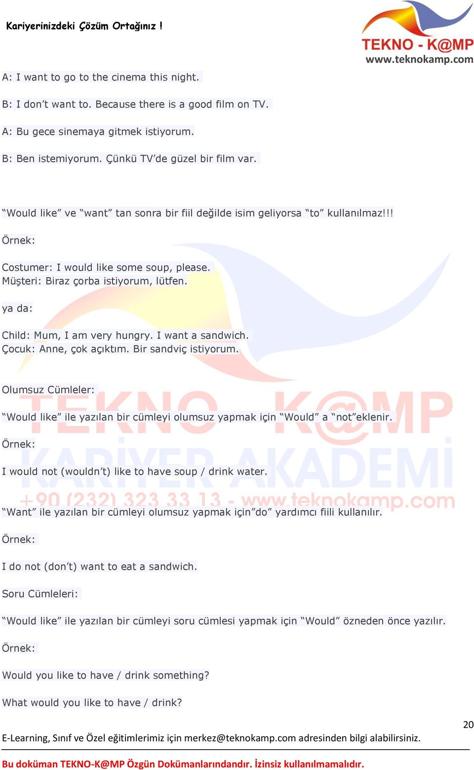 ya da: Child: Mum, I am very hungry. I want a sandwich. Çocuk: Anne, çok açıktım. Bir sandviç istiyorum. Olumsuz Cümleler: Would like ile yazılan bir cümleyi olumsuz yapmak için Would a not eklenir.