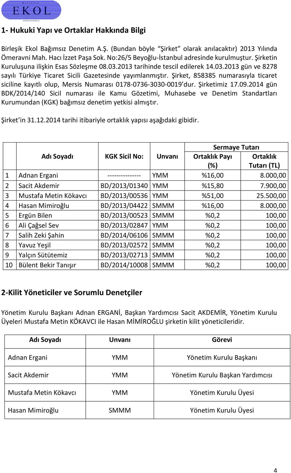 Şirket, 858385 numarasıyla ticaret siciline kayıtlı olup, Mersis Numarası 0178-0736-3030-0019 dur. Şirketimiz 17.09.