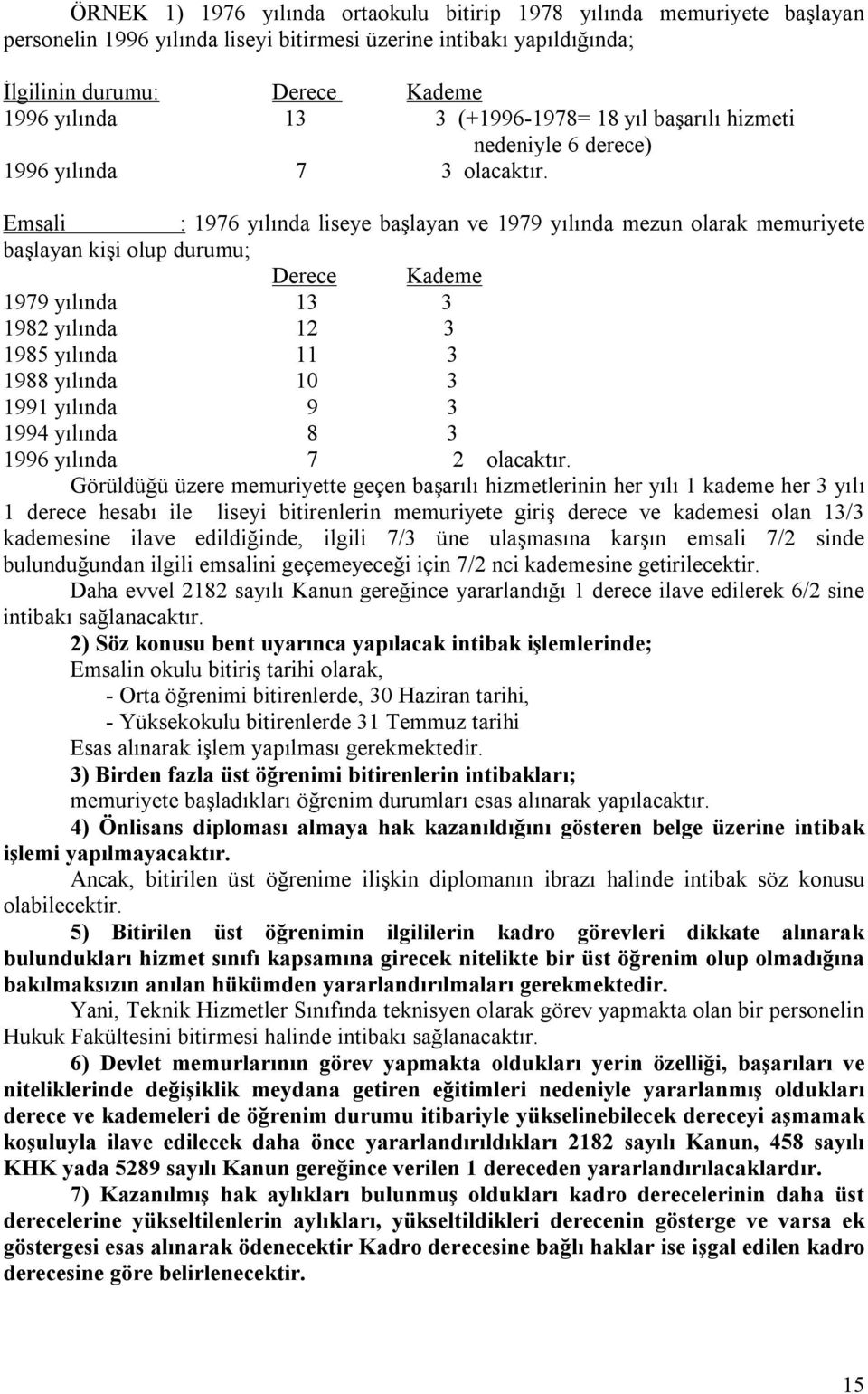 Emsali : 1976 yılında liseye başlayan ve 1979 yılında mezun olarak memuriyete başlayan kişi olup durumu; Derece Kademe 1979 yılında 13 3 1982 yılında 12 3 1985 yılında 11 3 1988 yılında 10 3 1991