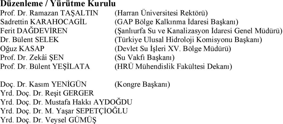 Kanalizasyon İdaresi Genel Müdürü) Dr. Bülent SELEK (Türkiye Ulusal Hidroloji Komisyonu Başkanı) Oğuz KASAP (Devlet Su İşleri XV.