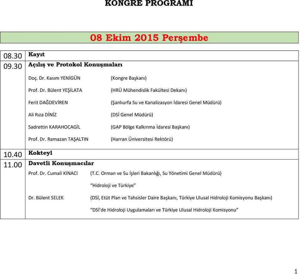 (Harran Üniversitesi Rektörü) 10.40 Kokteyl 11.00 Davetli Konuşmacılar Prof. Dr. Cumali KINACI (T.C. Orman ve Su İşleri Bakanlığı, Su Yönetimi Genel Müdürü) Hidroloji ve Türkiye Dr.