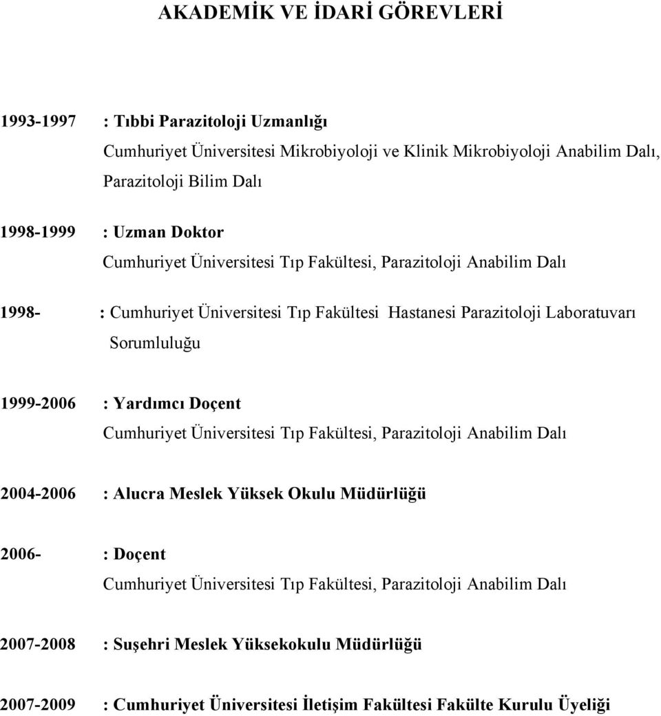 Sorumluluğu 1999-2006 : Yardımcı Doçent Cumhuriyet Üniversitesi Tıp Fakültesi, Parazitoloji Anabilim Dalı 2004-2006 : Alucra Meslek Yüksek Okulu Müdürlüğü 2006- : Doçent