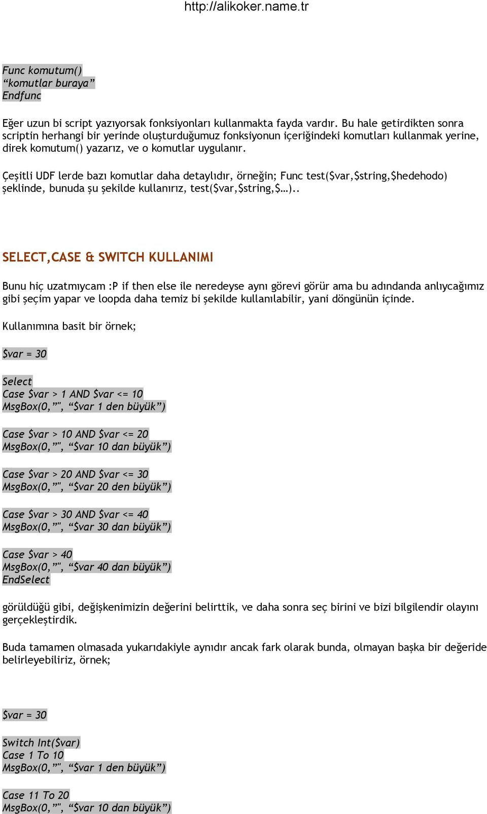 Çeşitli UDF lerde bazı komutlar daha detaylıdır, örneğin; Func test($var,$string,$hedehodo) şeklinde, bunuda şu şekilde kullanırız, test($var,$string,$ ).