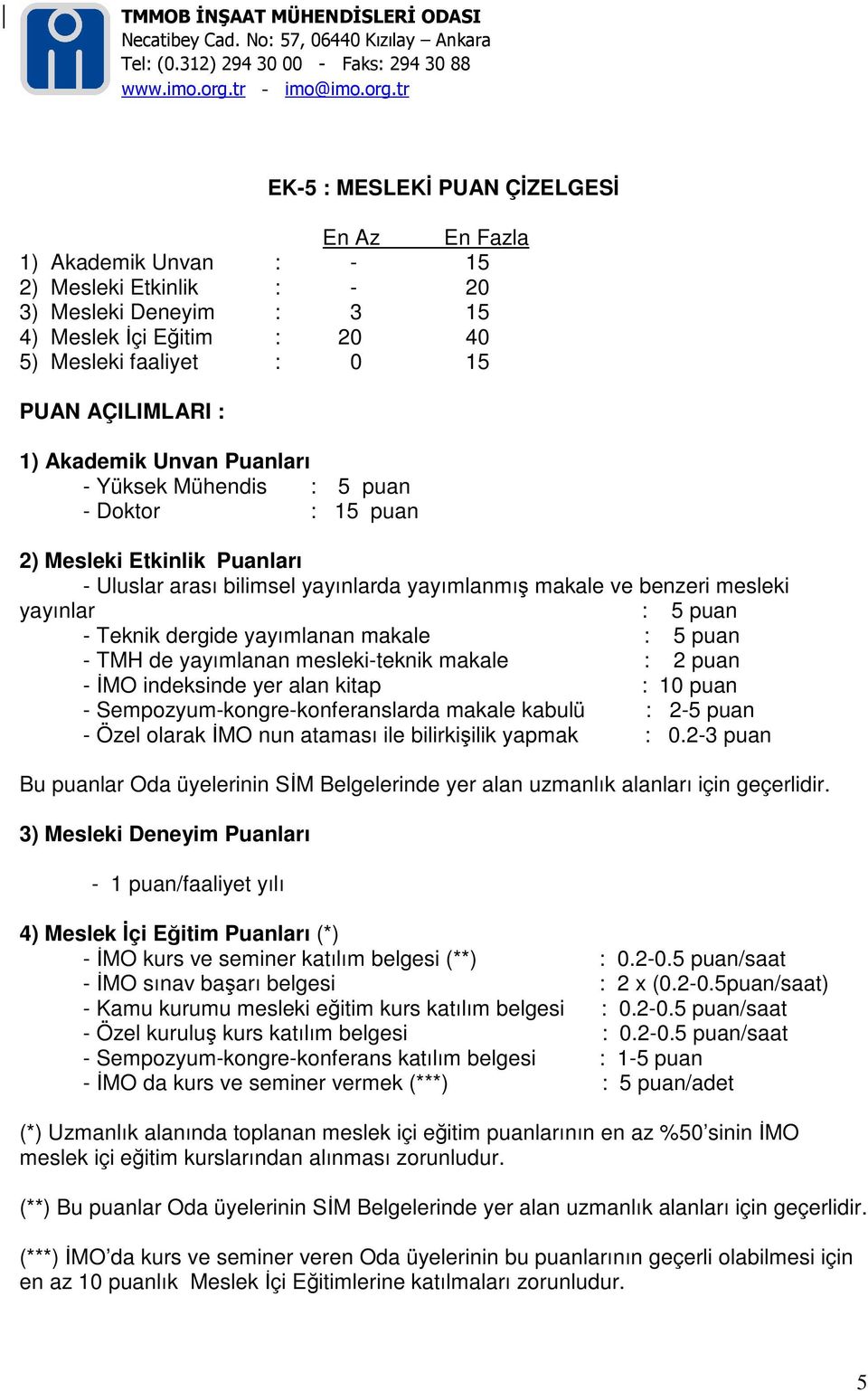 dergide yayımlanan makale : 5 puan - TMH de yayımlanan mesleki-teknik makale : 2 puan - İMO indeksinde yer alan kitap : 10 puan - Sempozyum-kongre-konferanslarda makale kabulü : 2-5 puan - Özel