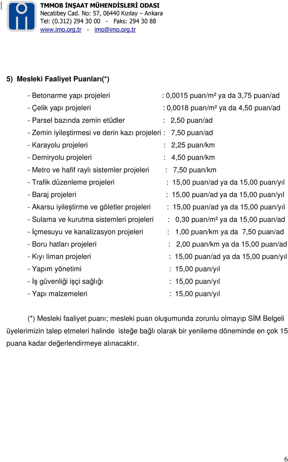 Trafik düzenleme projeleri : 15,00 puan/ad ya da 15,00 puan/yıl - Baraj projeleri : 15,00 puan/ad ya da 15,00 puan/yıl - Akarsu iyileştirme ve göletler projeleri : 15,00 puan/ad ya da 15,00 puan/yıl