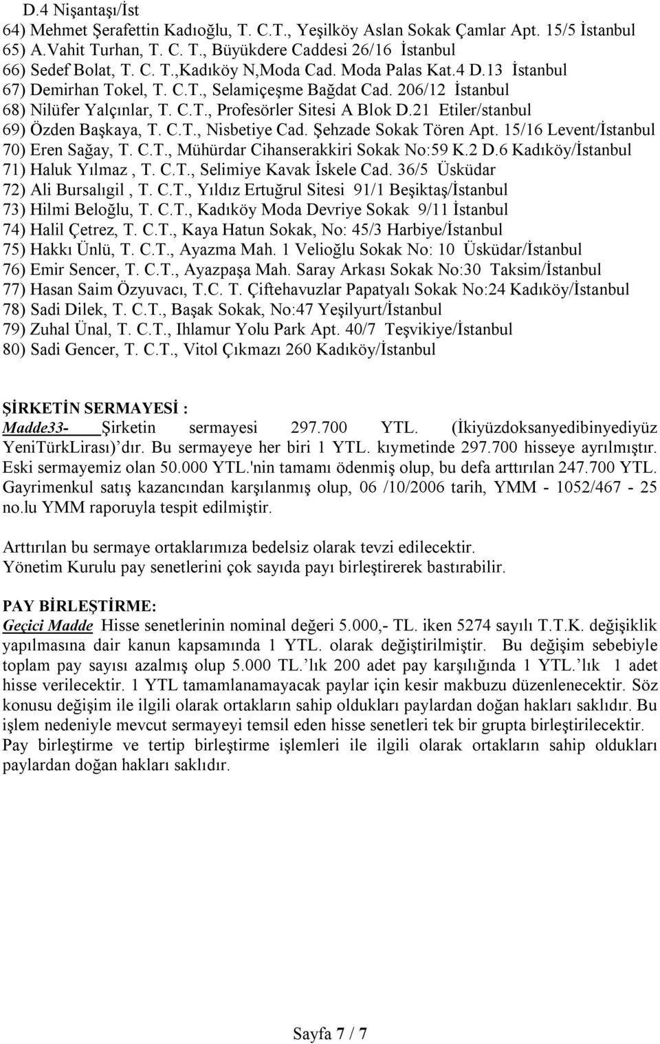 C.T., Nisbetiye Cad. Şehzade Sokak Tören Apt. 15/16 Levent/İstanbul 70) Eren Sağay, T. C.T., Mühürdar Cihanserakkiri Sokak No:59 K.2 D.6 Kadıköy/İstanbul 71) Haluk Yılmaz, T. C.T., Selimiye Kavak İskele Cad.