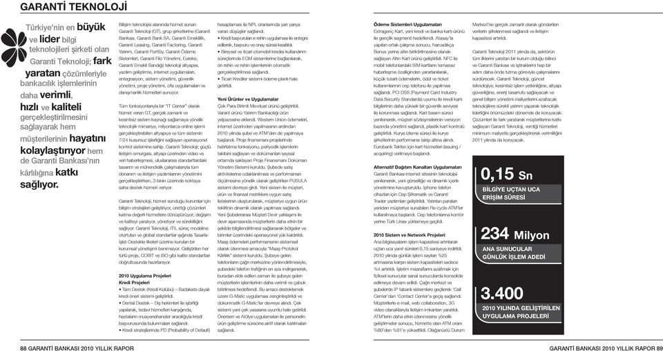Bilişim teknolojisi alanında hizmet sunan Garanti Teknoloji (GT), grup şirketlerine (Garanti Bankası, Garanti Bank SA, Garanti Emeklilik, Garanti Leasing, Garanti Factoring, Garanti Yatırım, Garanti