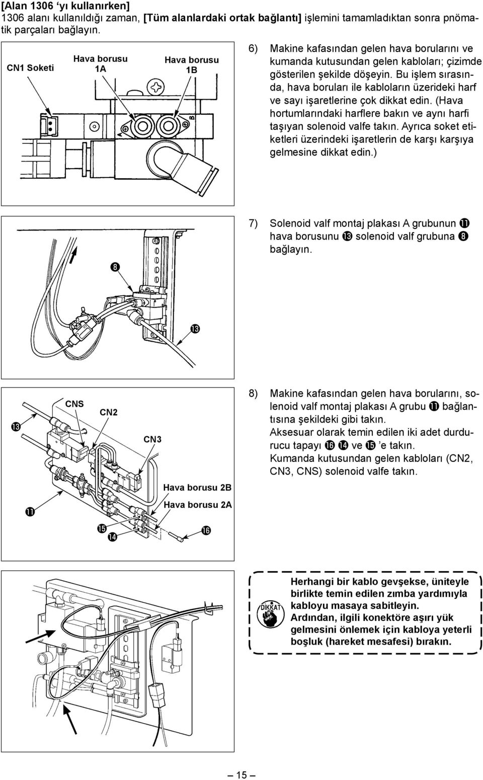 Bu işlem sırasında, hava boruları ile kabloların üzerideki harf ve sayı işaretlerine çok dikkat edin. (Hava hortumlarındaki harflere bakın ve aynı harfi taşıyan solenoid valfe takın.